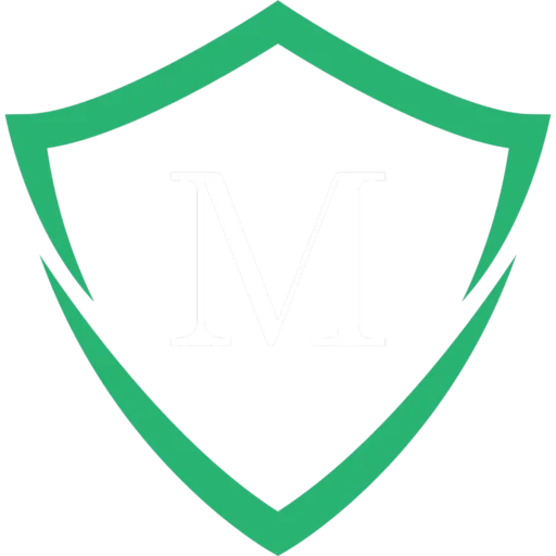 Minimalist green shield logo outlining letter M