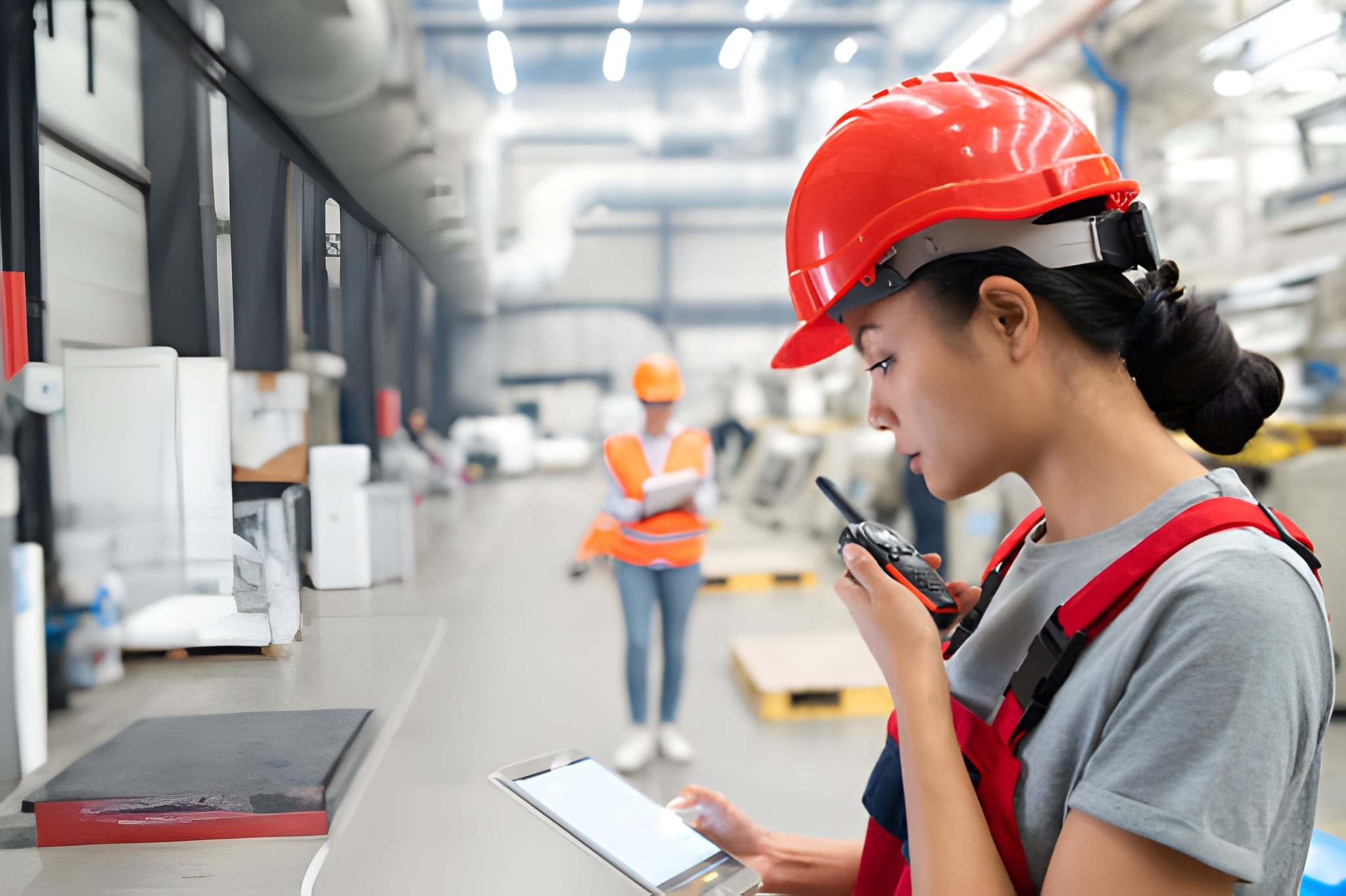 A female worker in a red hard hat