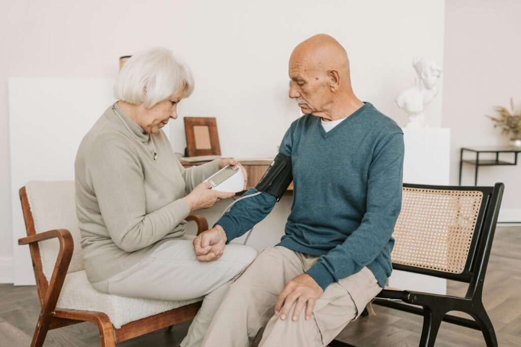 Senior couple performing a home health check.
