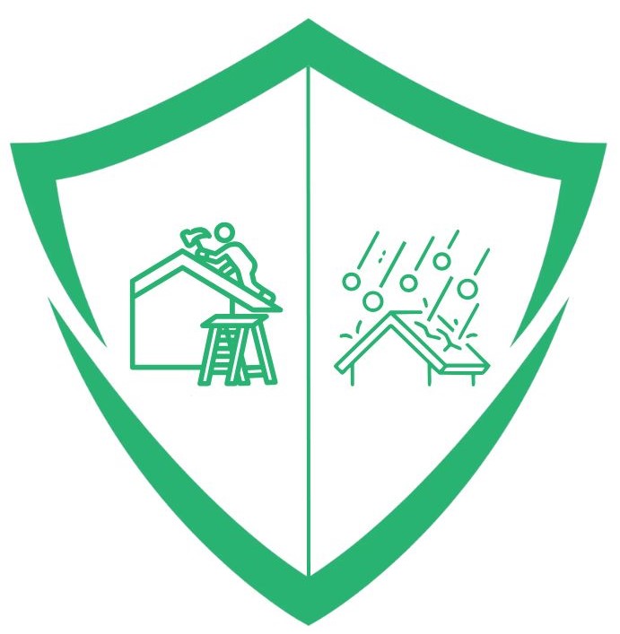Green shield icon for roofing services and storm protection.