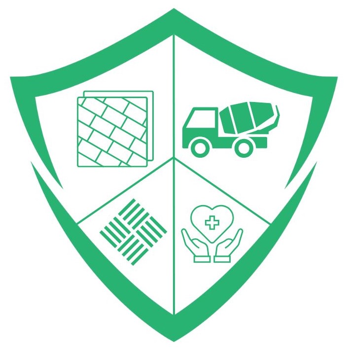 Green shield icon for construction, masonry, and medical services.
