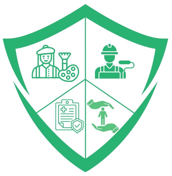 Green shield icon for creative, industrial, and caregiving sectors.