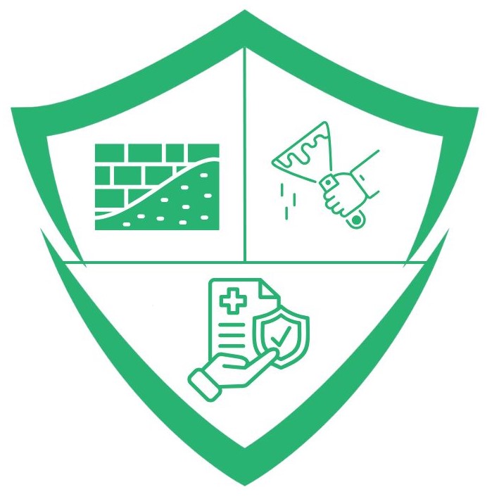 Green shield icon for masonry, plastering, and healthcare services.