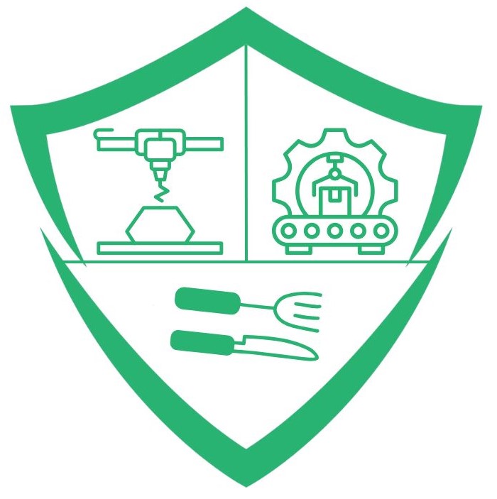 Green shield icon for technology, manufacturing, and hospitality.