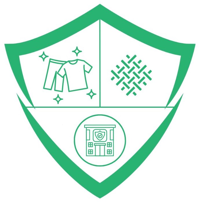 Green shield icon for textile and facility protection.