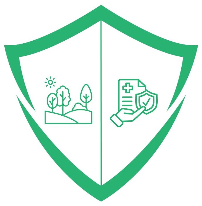 Green shield icon for environmental protection and health insurance.