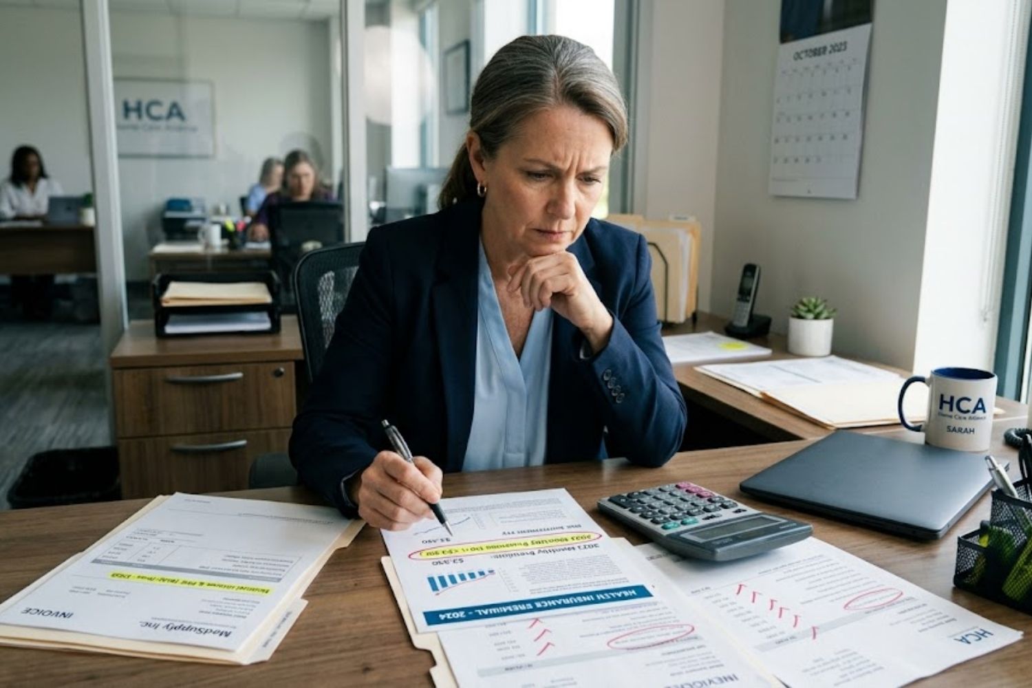 A graphic overlay with red and blue text reading 'Are You Overpaying or Exposed?' placed above an image of two construction workers in hard hats consulting a tablet at a job site.