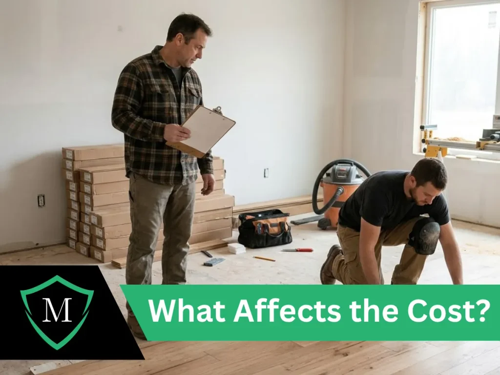 Contractor inspecting flooring installation work with clipboard.