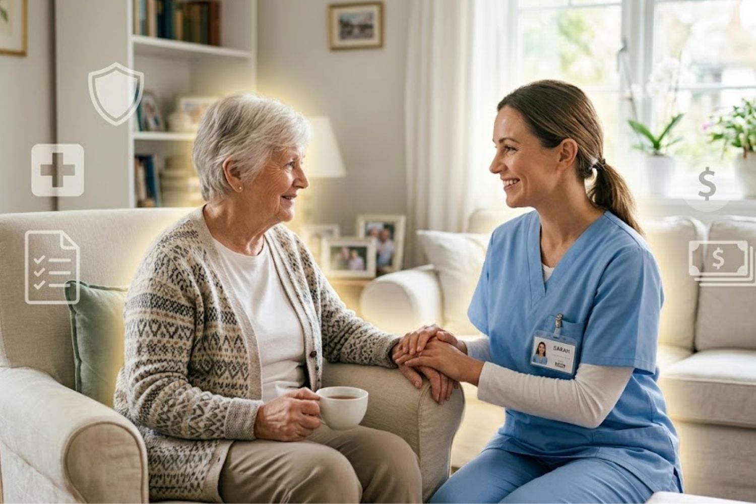 A friendly female home care nurse in blue scrubs holding the hand of a smiling elderly woman sitting in her living room.