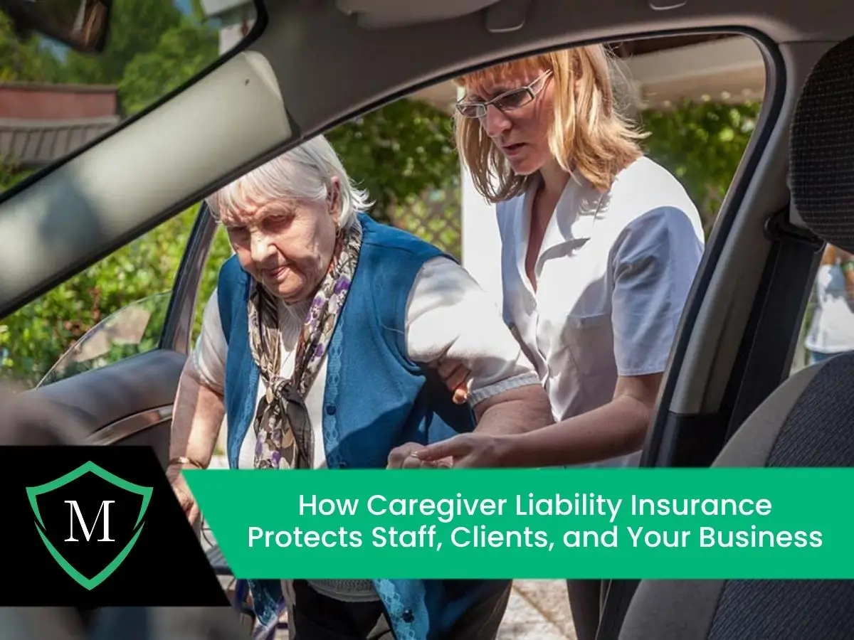A female caregiver in a white uniform assists an elderly woman into a car.