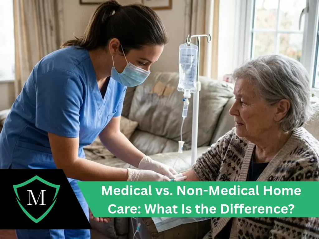 Nurse providing medical home care to an elderly woman with IV treatment at home with text overlay about the difference between medical and non-medical care