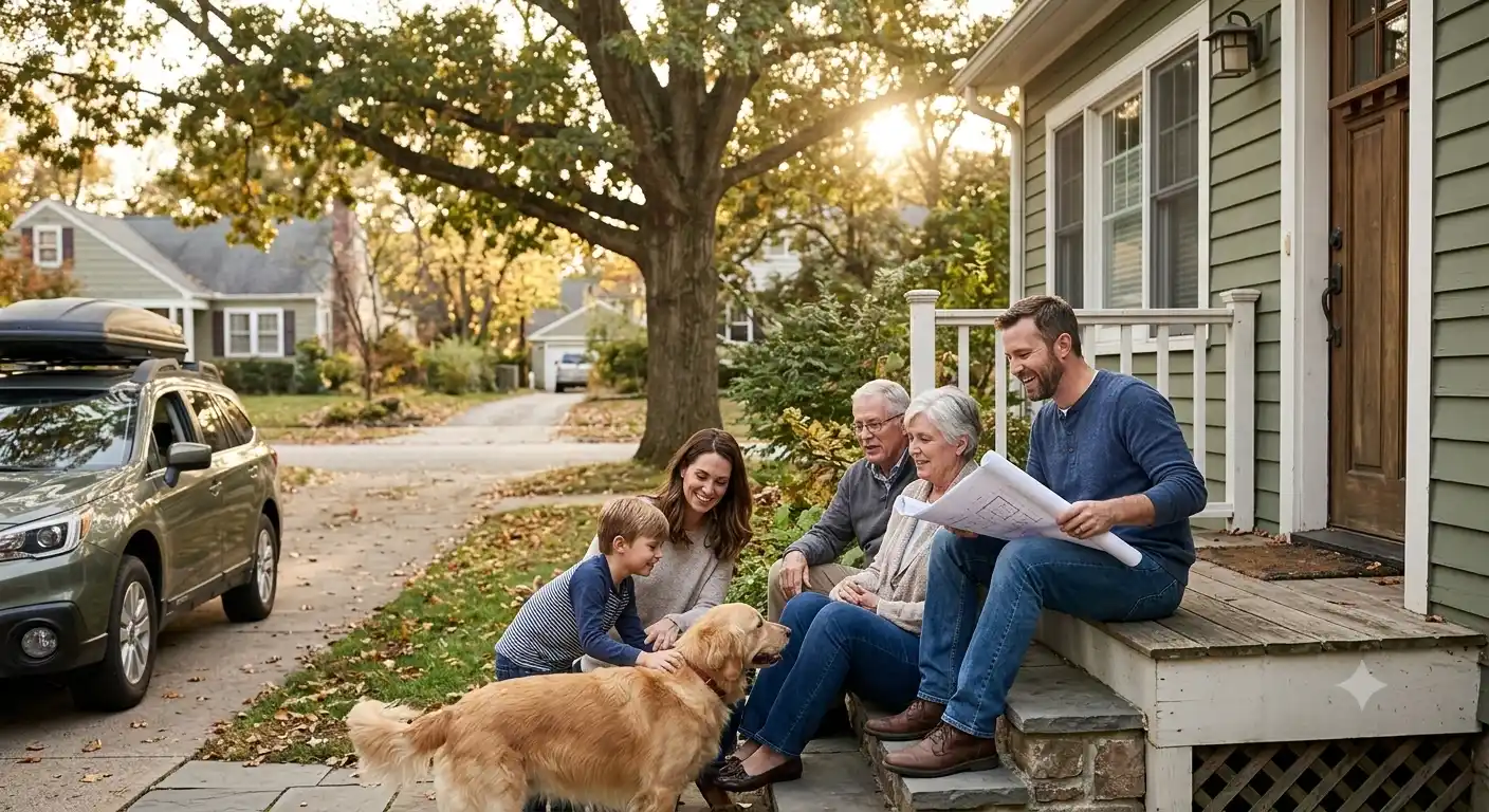 A multi-generational family relaxes on their front porch with a dog, a car parked nearby, symbolizing asset protection.