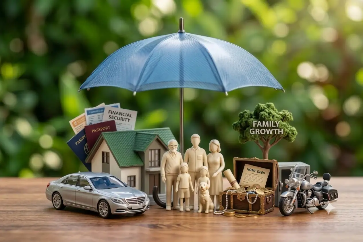 A diorama of a model house, family figurines, a car, motorcycle, and a gold-filled treasure chest protected under a large blue carbon fiber umbrella, representing financial and asset security.