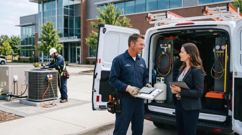 hvac contractor discussing with insurance agency employee