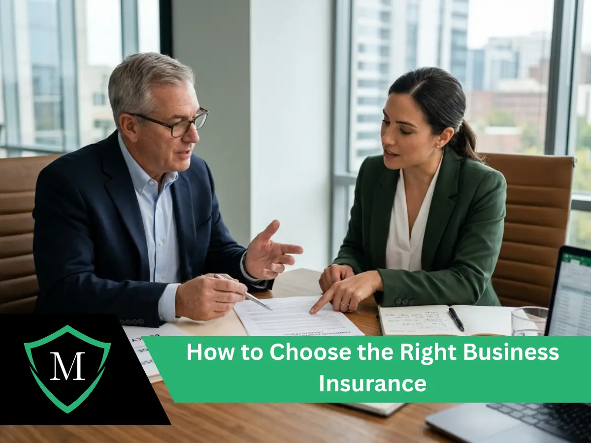 A senior businessman and a businesswoman in a green blazer reviewing and discussing a contract document.