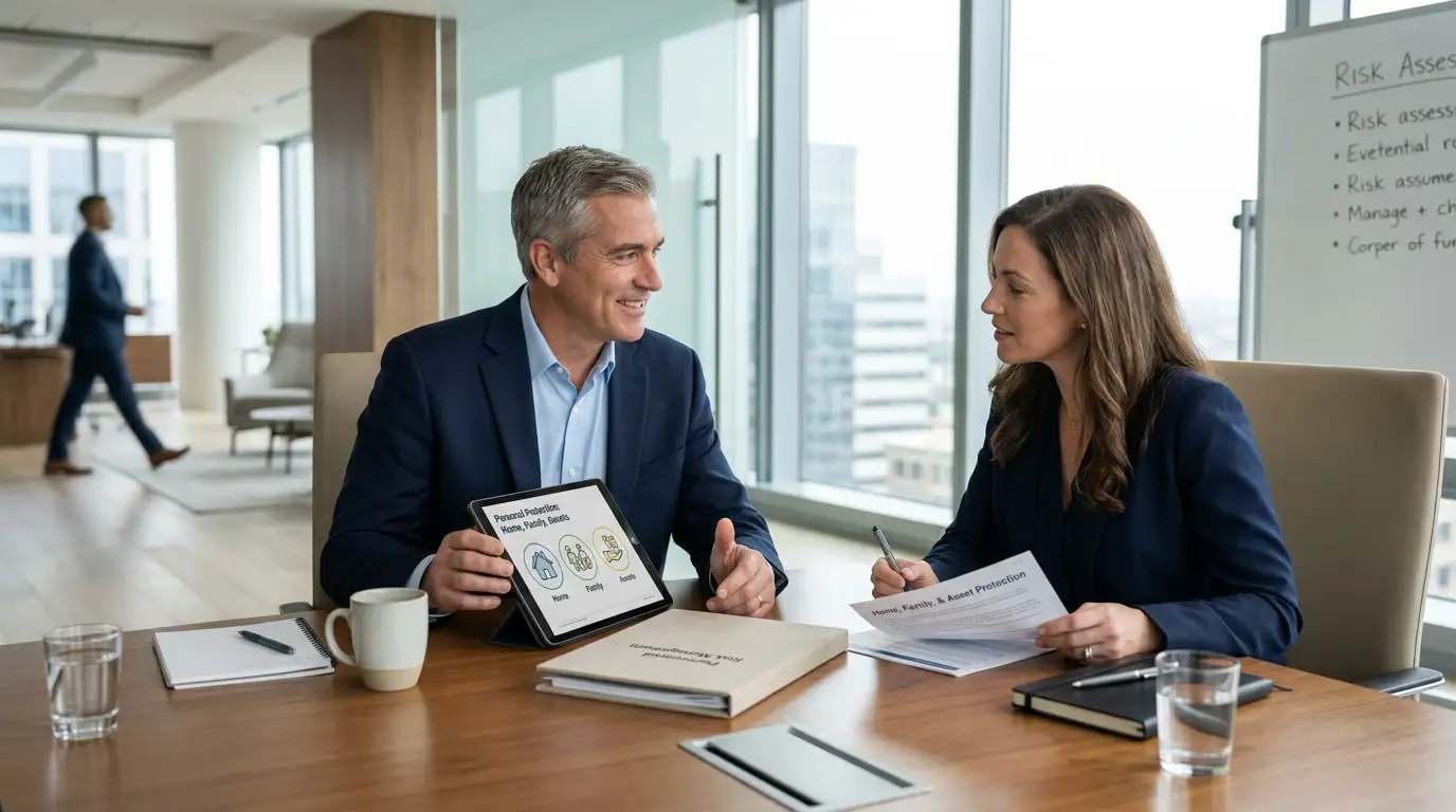 Financial advisor reviewing personal risk management and asset protection plans with a client on a tablet.