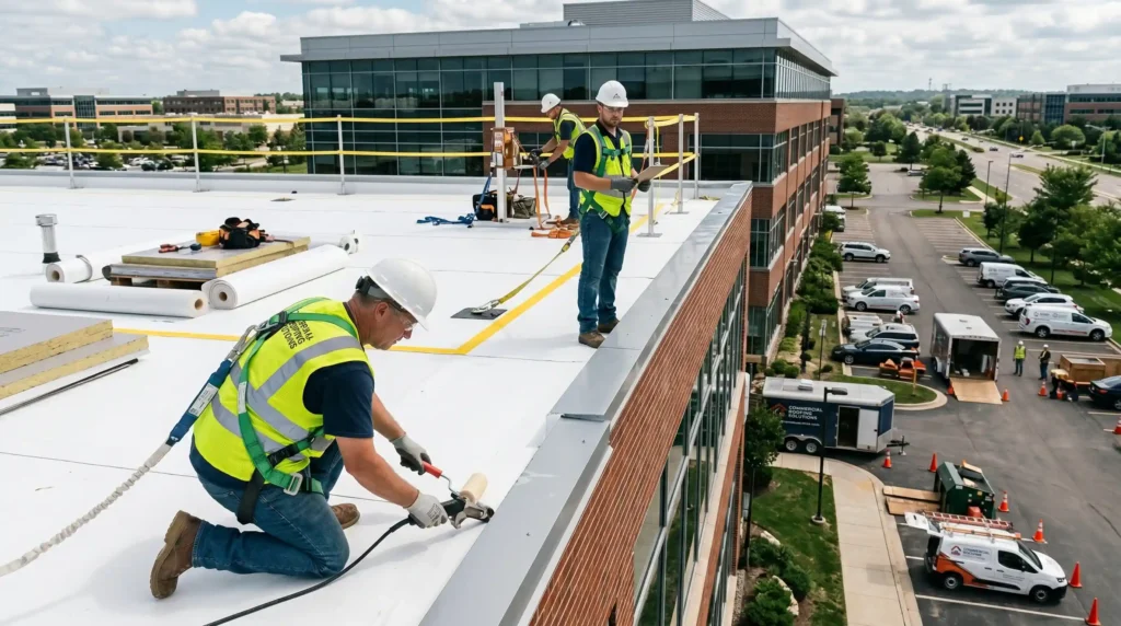 roofing contractors working on the roof of business complex