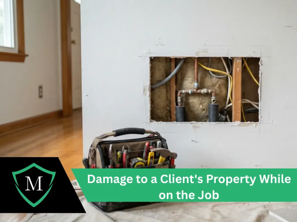 Open drywall showing exposed pipes and wires next to an electrician tool bag.