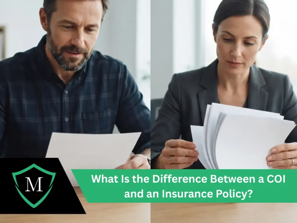 Man and woman at desks reviewing paperwork comparing a certificate of insurance to an insurance policy document.