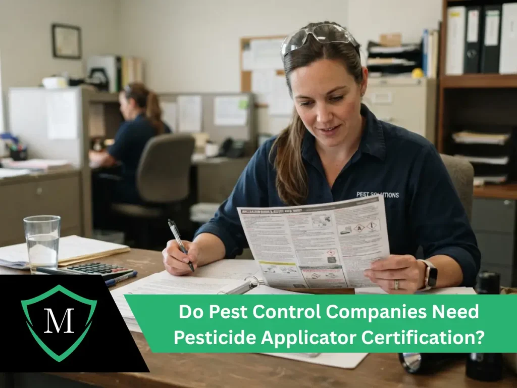 Female pest control professional wearing safety glasses reviewing certification and safety documents at an office desk.