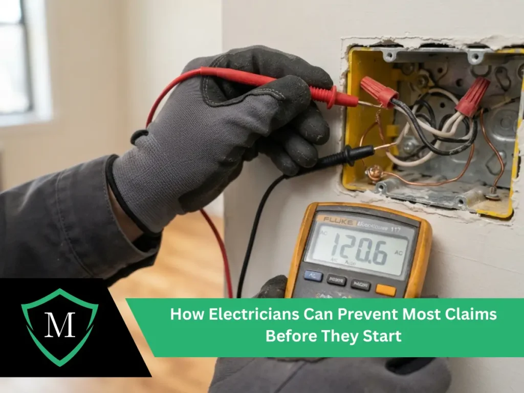 Electrician in grey work gloves testing a wall outlet wire box with a digital multimeter.