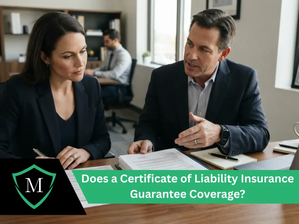 Two business colleagues reviewing an insurance document during a coverage audit.