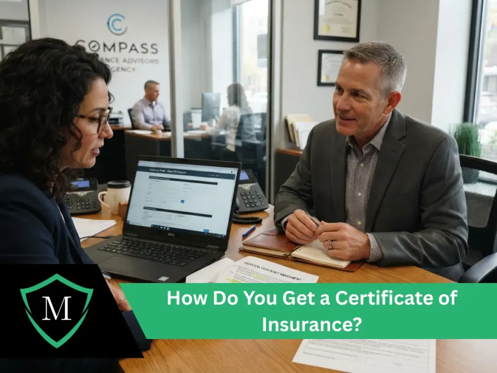 An insurance advisor helping a client request a certificate of insurance online.