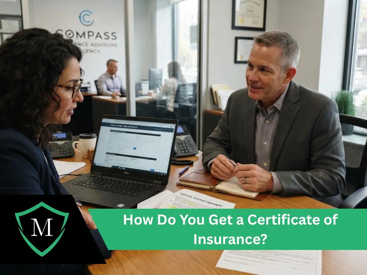 An insurance advisor helping a client request a certificate of insurance online.
