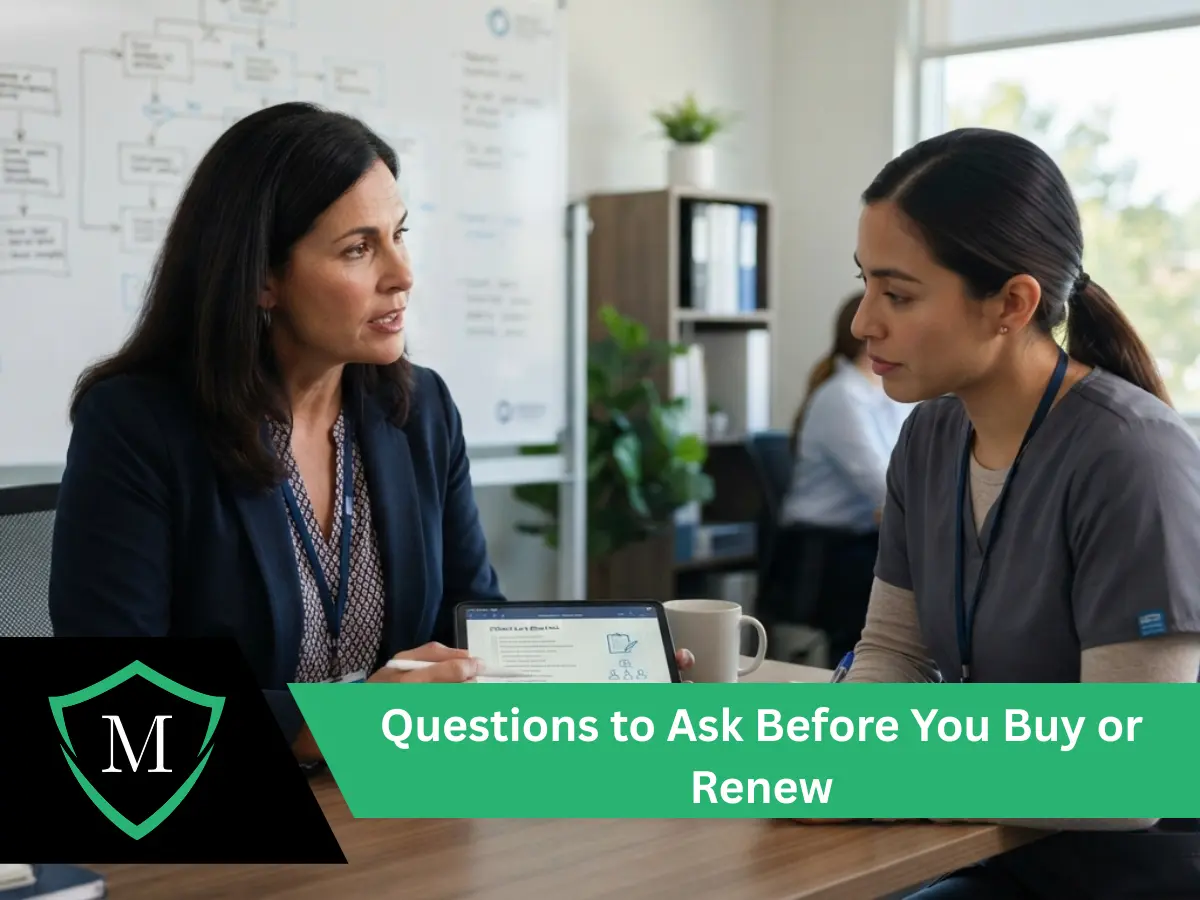 Professional woman in a blazer and a healthcare worker in gray scrubs reviewing a tablet together at a meeting table, with a green banner reading "Questions to Ask Before You Buy or Renew".   