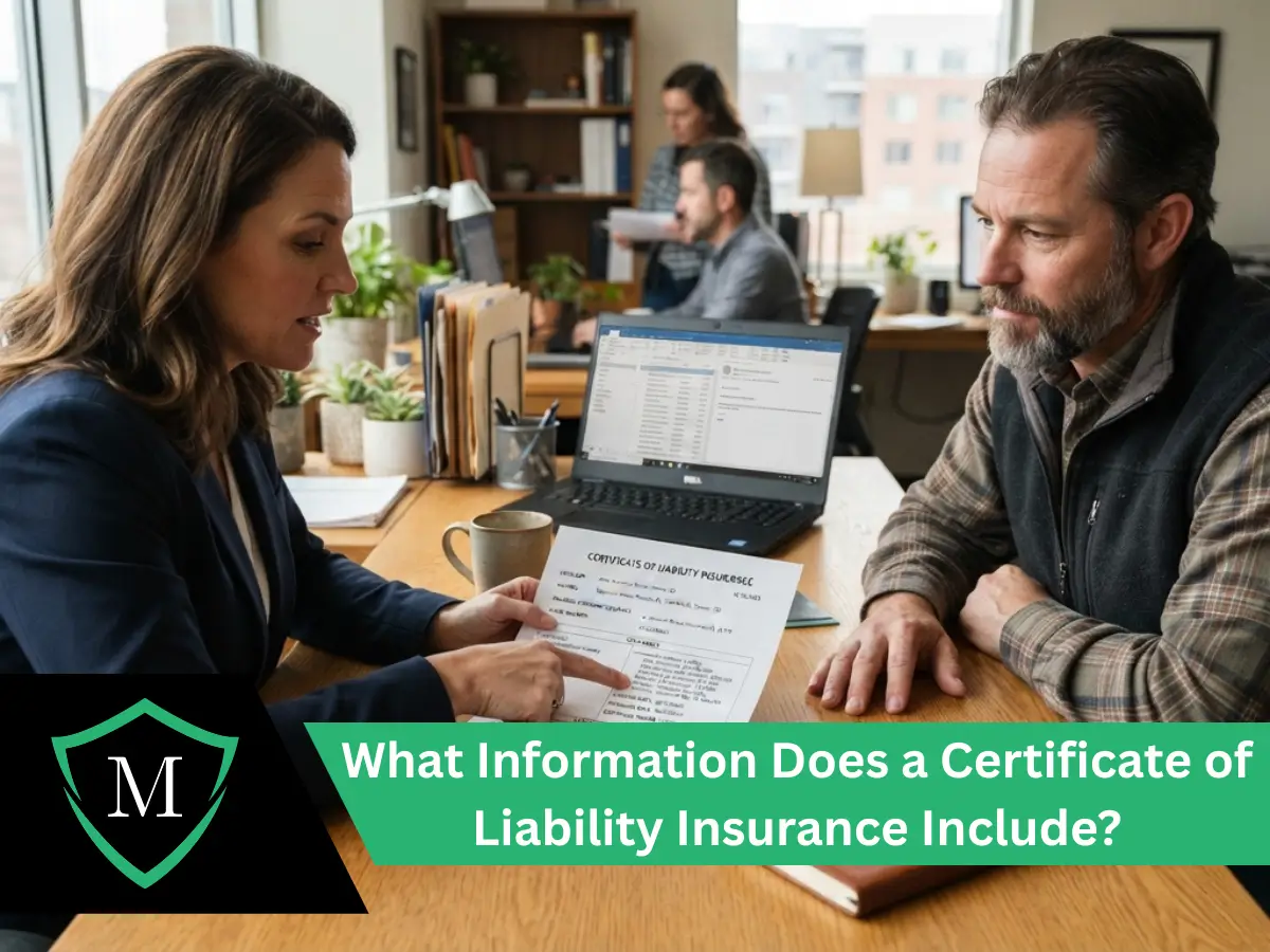 An insurance agent points out key coverage details on a document to a client.
