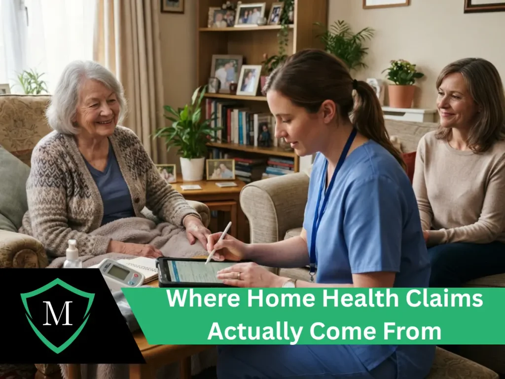 Home health nurse in blue scrubs using a digital tablet next to an elderly patient and family member.