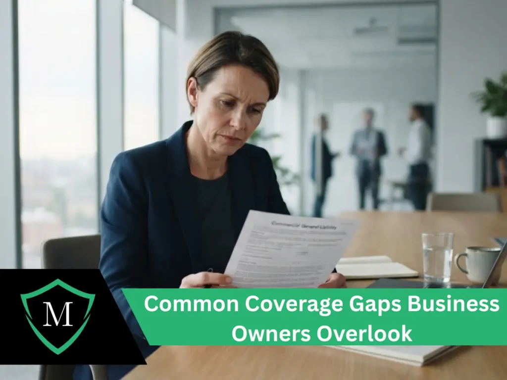 Business woman at office desk holding document with a focused expression while reviewing commercial liability paperwork.