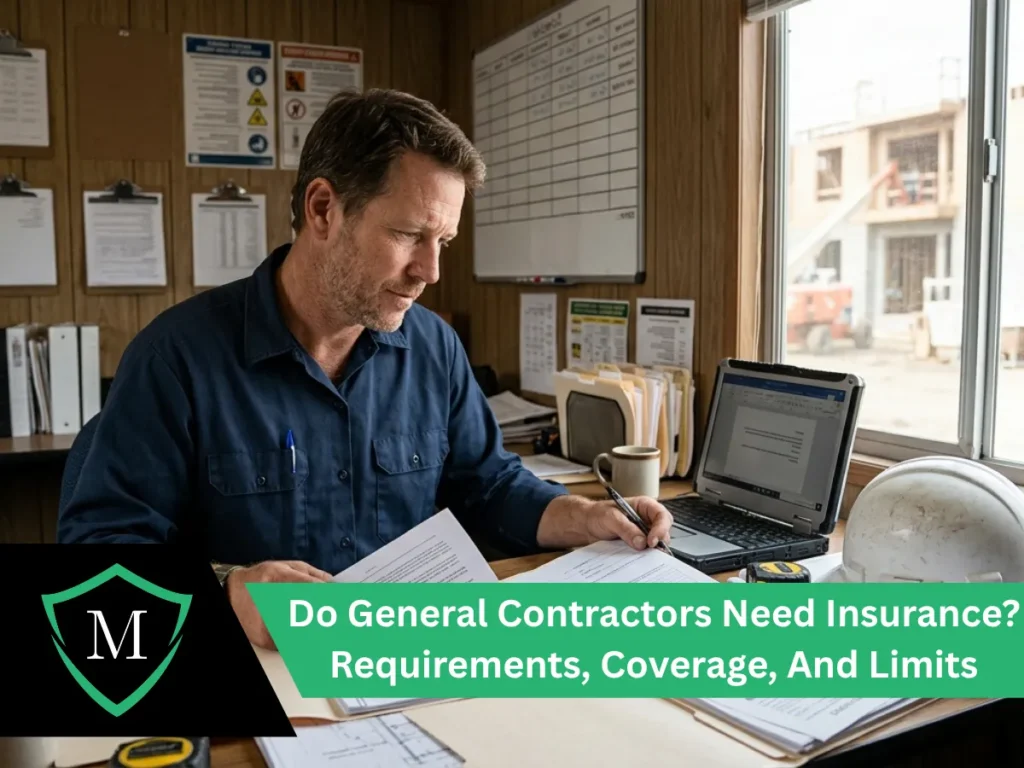 General contractor reviewing insurance requirements at a job site desk.