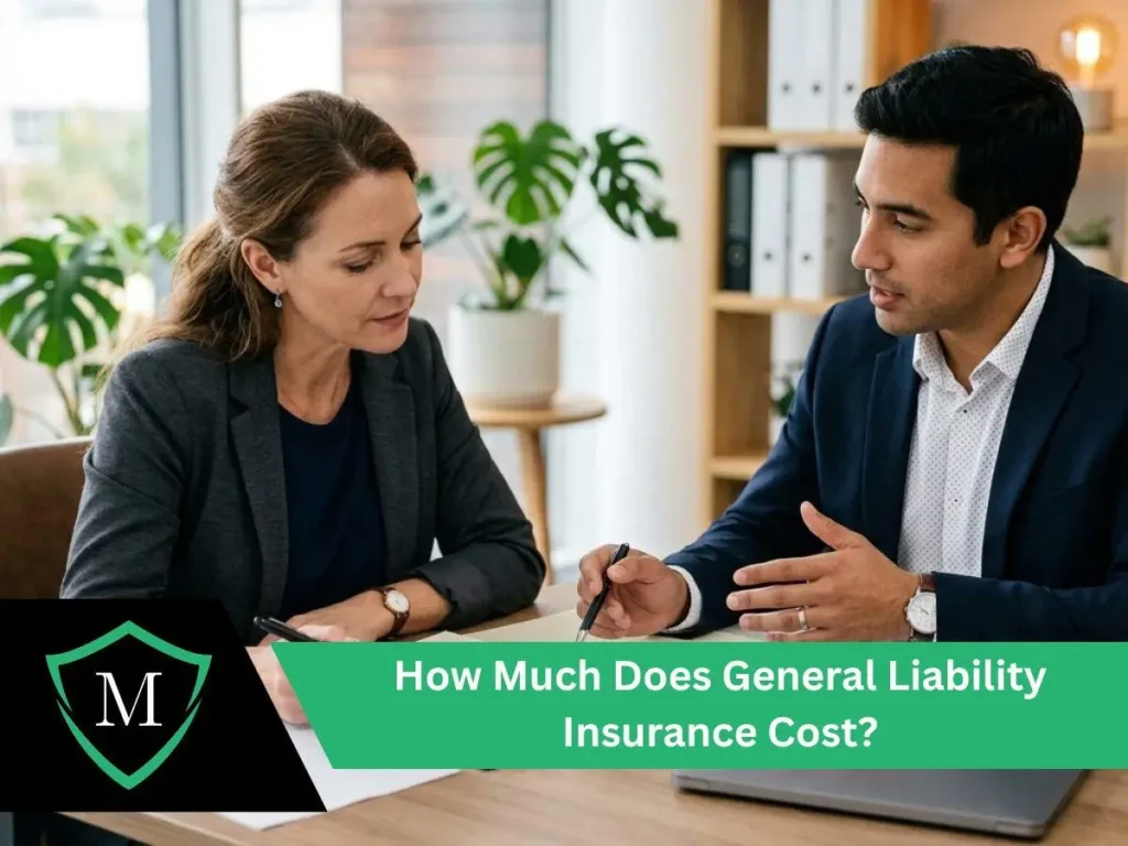 A male consultant gesturing towards documents on a desk while explaining insurance costs to a female client in an office setting.