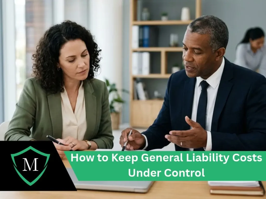 Insurance broker discussing general liability policy costs with client.