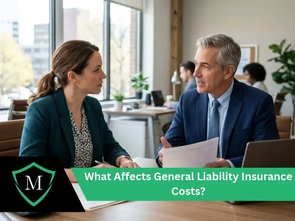 Business professionals reviewing general liability cost strategies together.