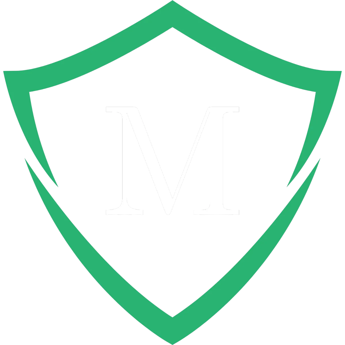 Minimalist green shield logo outlining letter M