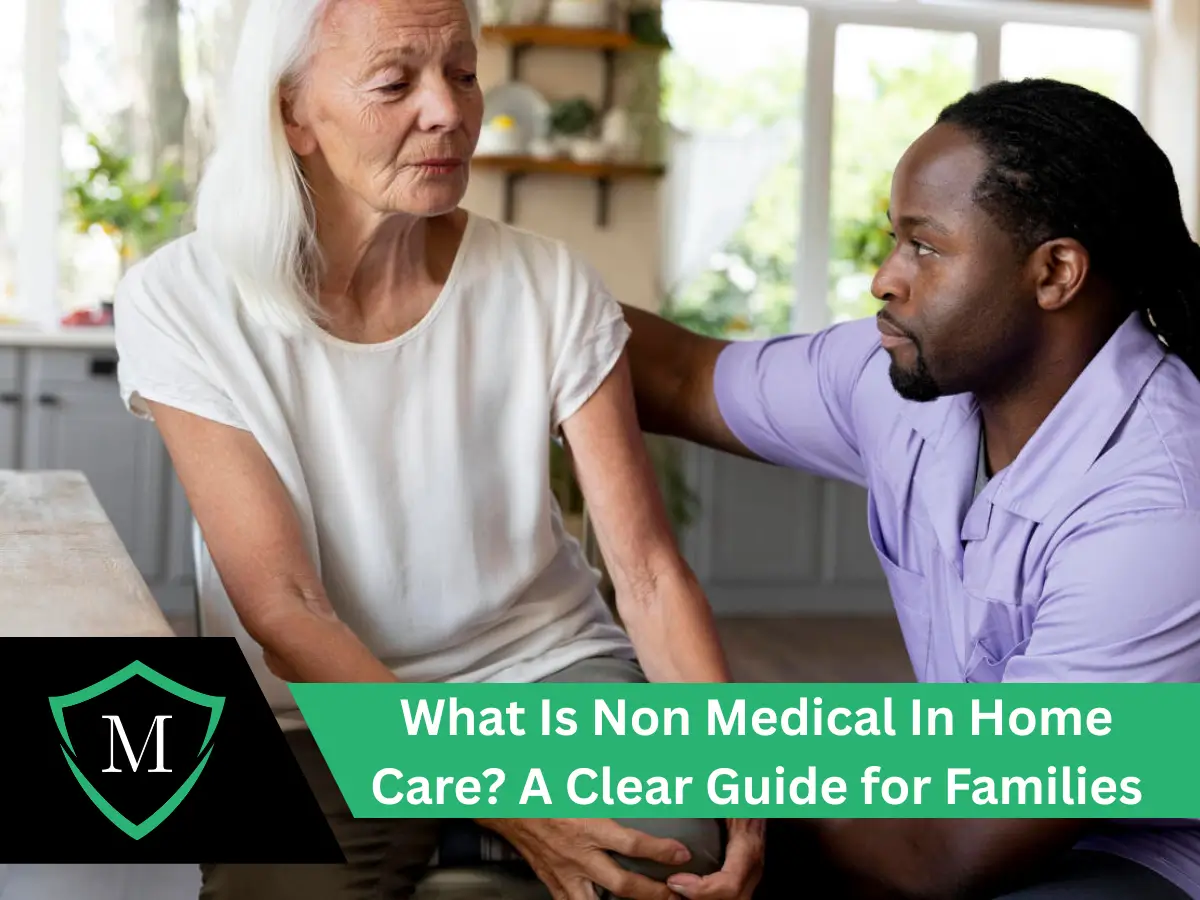 Caregiver providing non-medical in-home care support to an elderly woman while discussing daily assistance and companionship services at home.